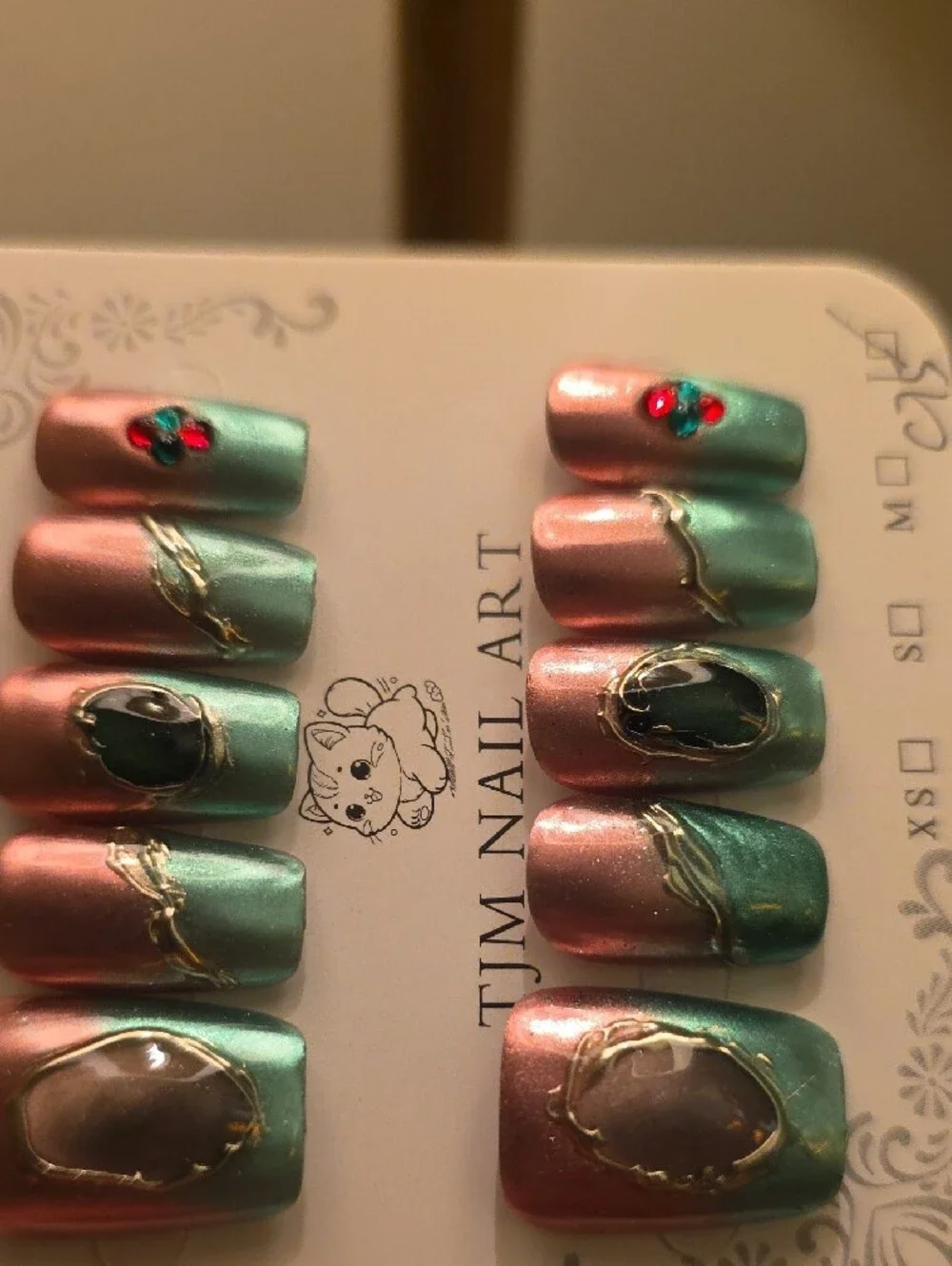 Green and Pink Ombre Press-On Nail Set Size Large